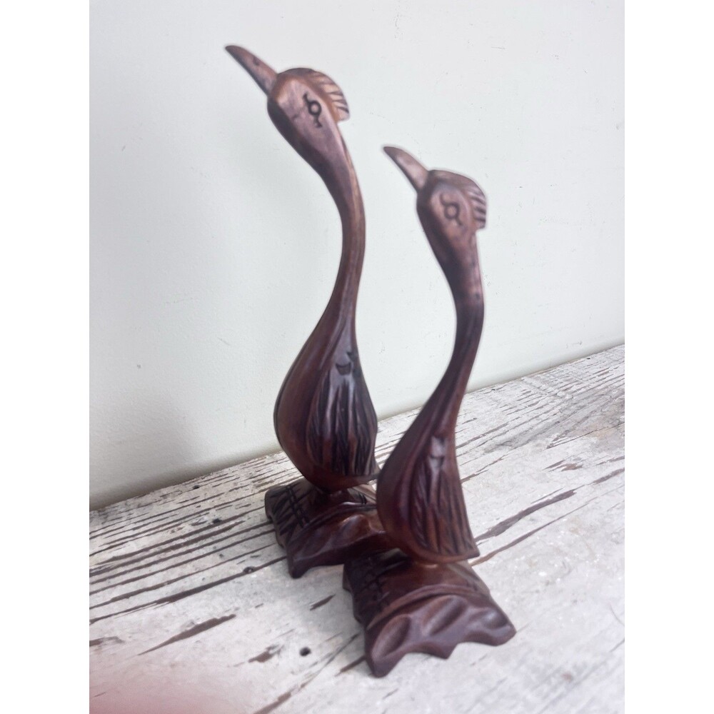 Vintage Mid Century Hand Carved Wooden Long Neck Cranes Set / Country Home Decor